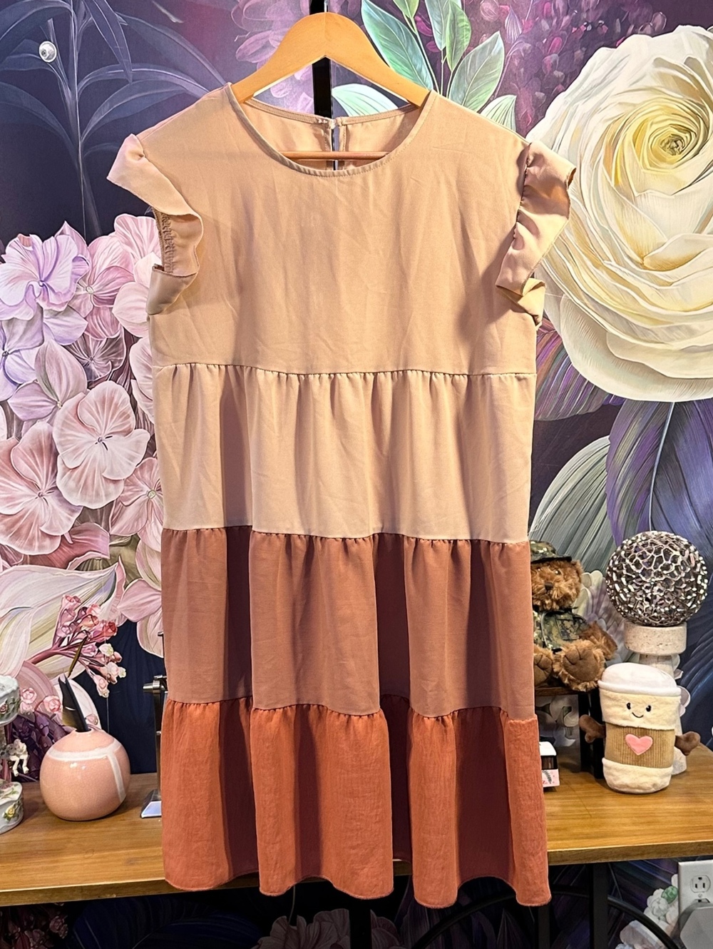SHEIN M US 6 Rust Tan Tiered Midi Dress Ruffle Sleeve Cottagecore Boho